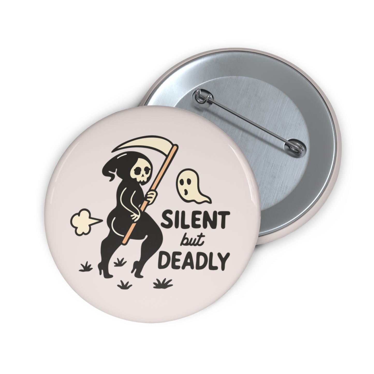 Silent but Deadly Grim Reaper Pin Button — Cute Spooky Enamel-Style Badge